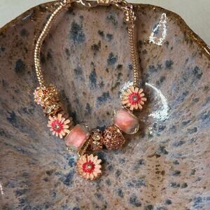 Dainty Adjustable Charm Bracelet Pink Glass Beads Floral Boho Jewelry